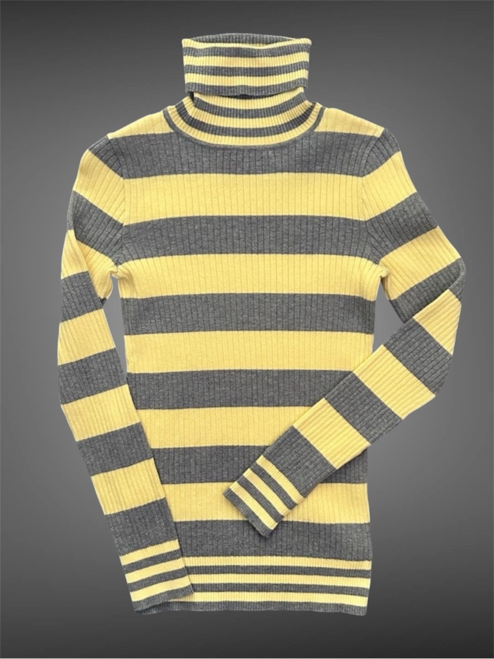 L.E.I. Turtleneck Sweater Size Med Yellow Grey Striped Ribbed Knit 90s Y2K Retro
